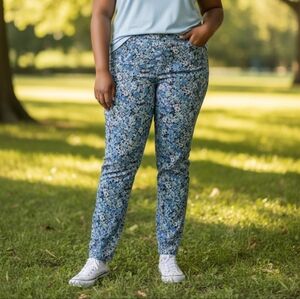 Terra & Sky NEW Plus Size Floral Ankle Pants Blue Daisy Print High Rise